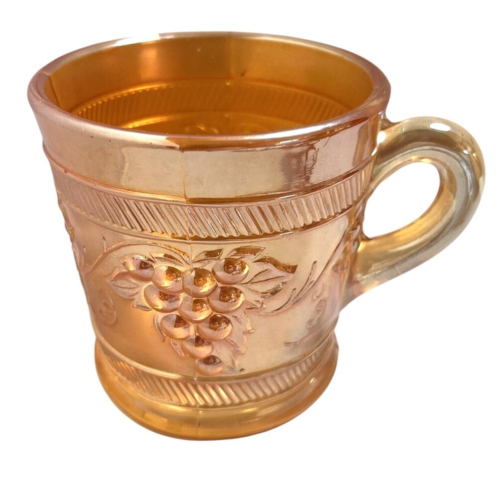 Duncan Carnival Glass Banded Grape Marigold Mug C1920